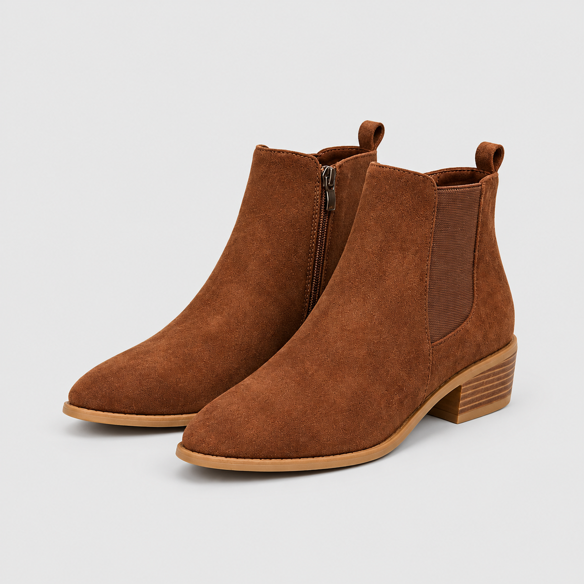 Viviette | Women’s Pointed-Toe Low-Block-Heel Ankle Boots — Dark Brown