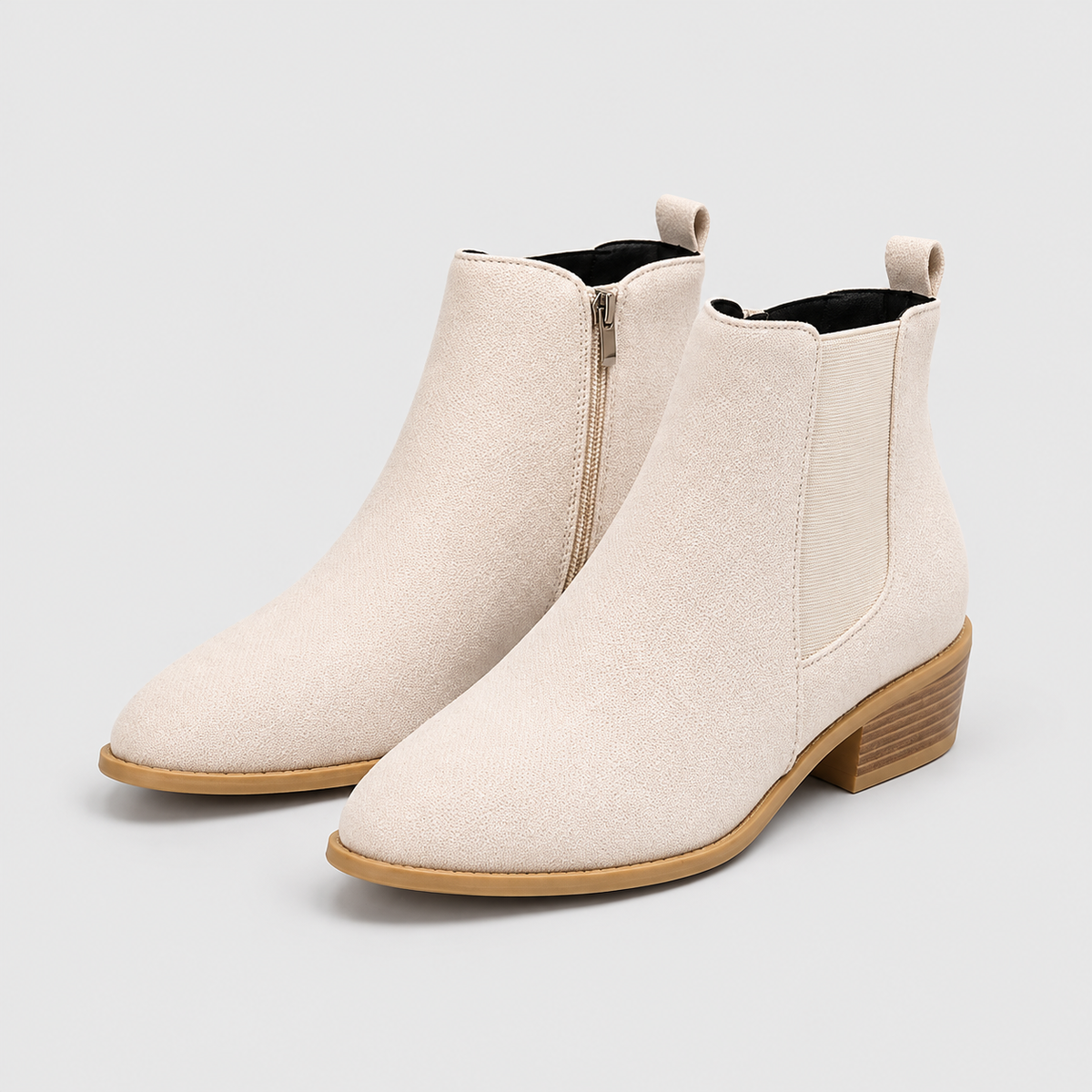 Viviette | Women’s Pointed-Toe Low-Block-Heel Ankle Boots — Beige