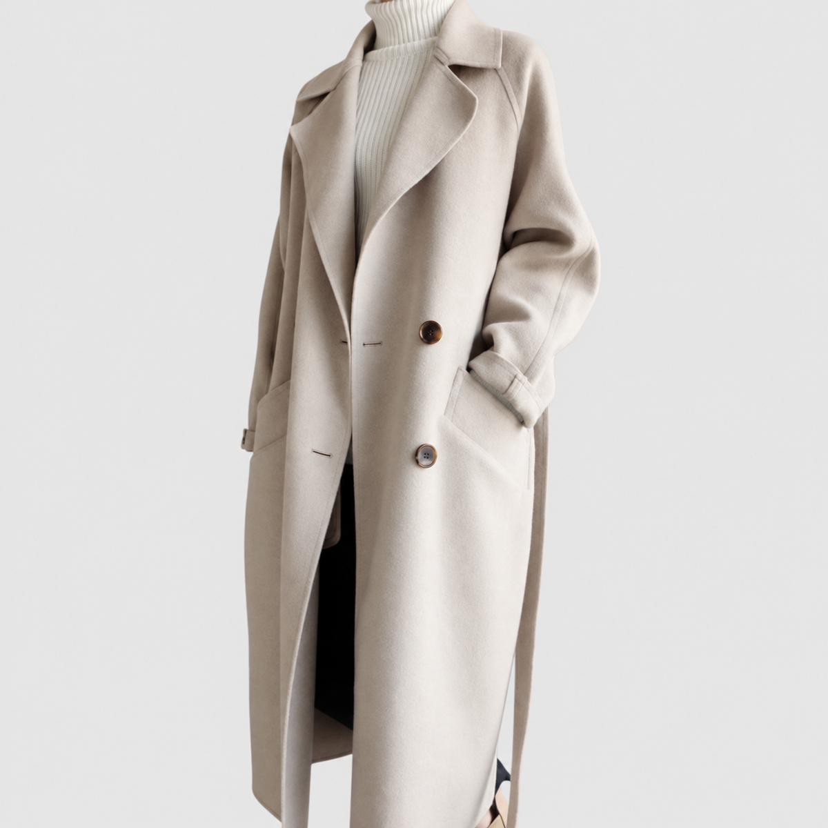 Wendeline | Women’s Longline Double-Breasted Belted Coat — product detail 1