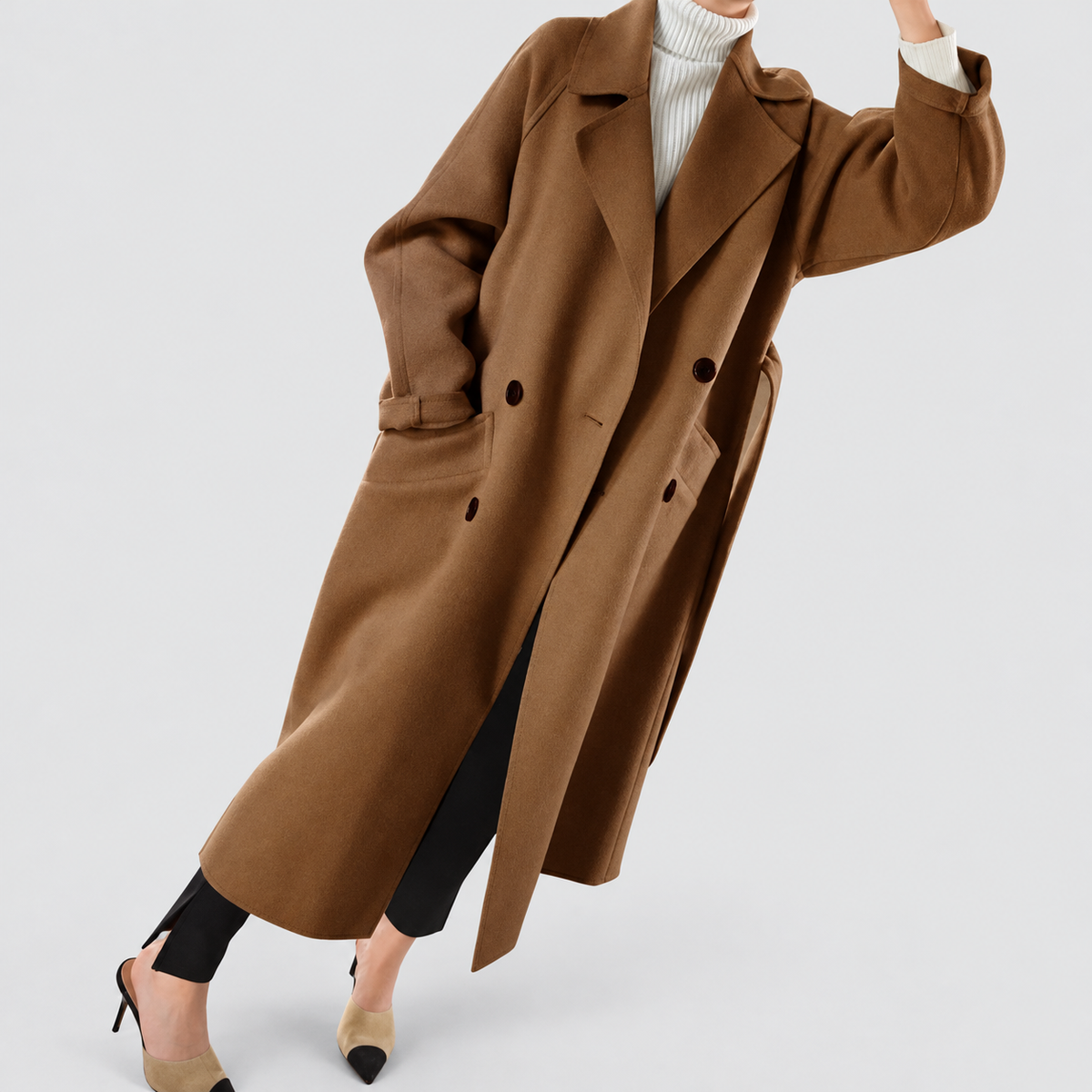 Wendeline | Women’s Longline Double-Breasted Belted Coat — product detail 3