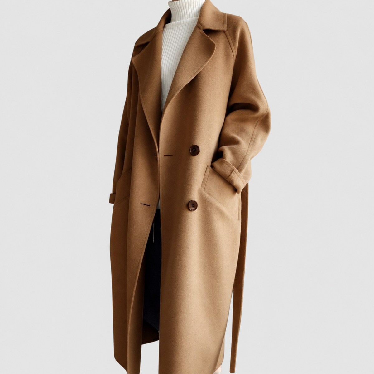 Wendeline | Women’s Longline Double-Breasted Belted Coat — Caramel