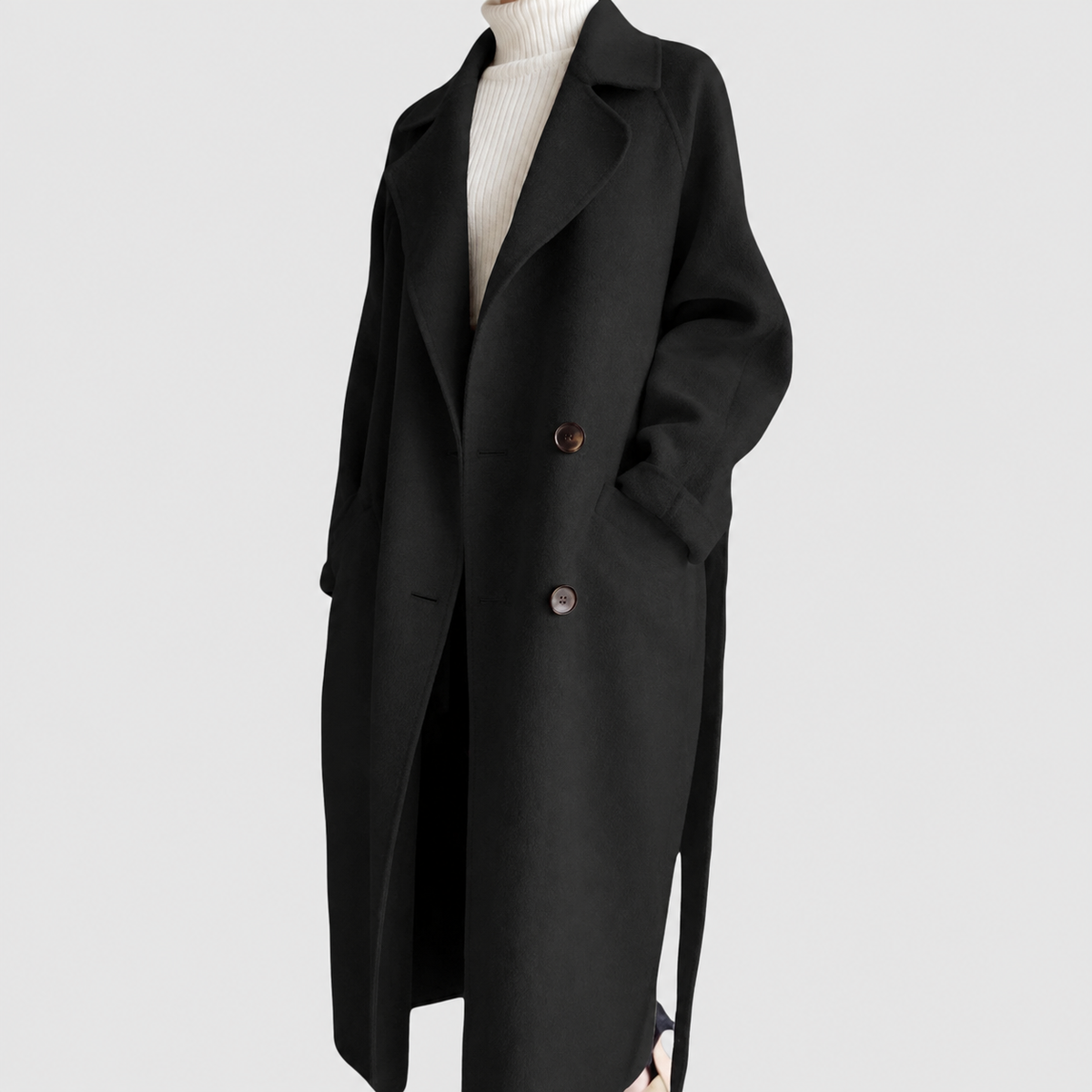 Wendeline | Women’s Longline Double-Breasted Belted Coat — Black
