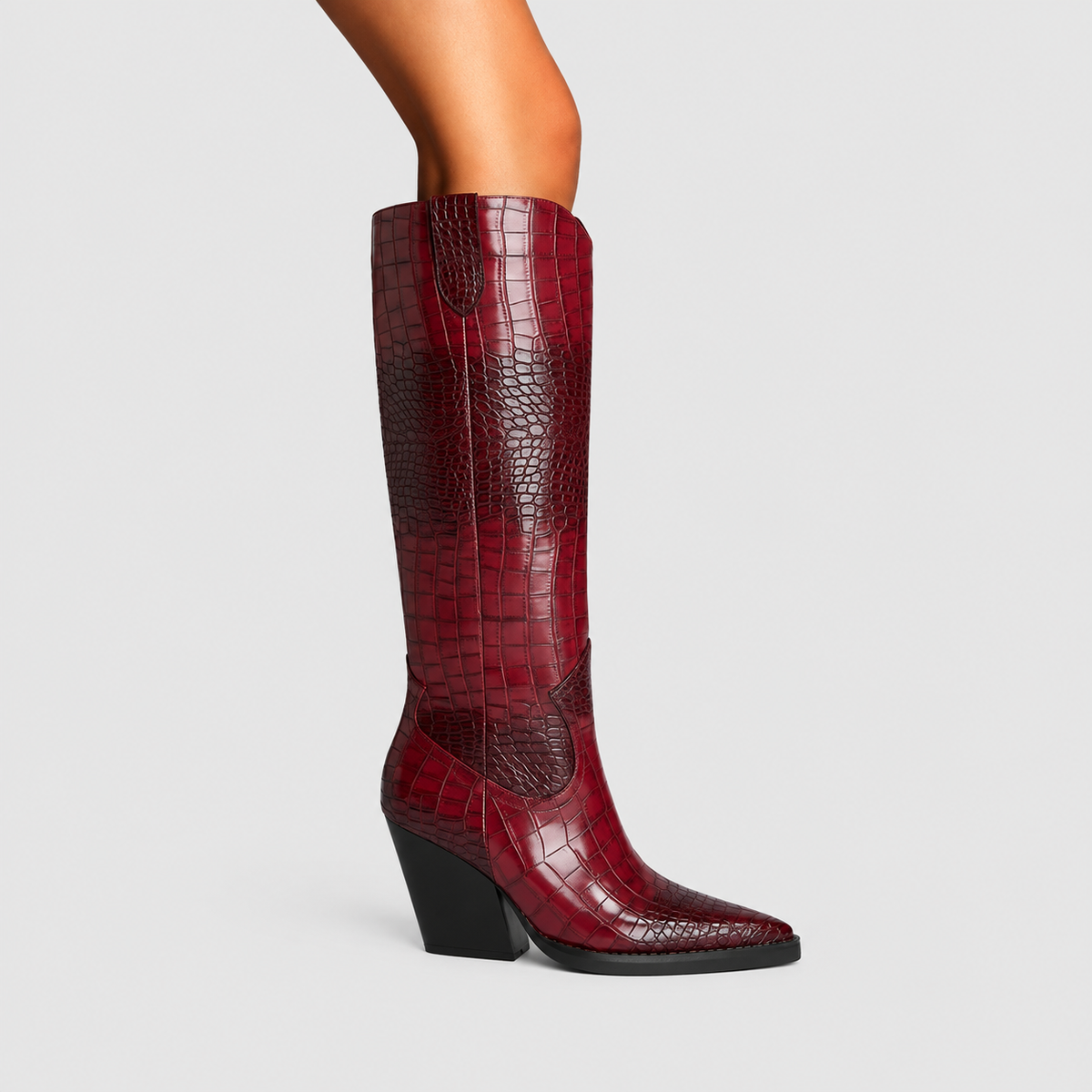 Wendy-Anne | Women’s Croc-Embossed Western Knee-High Boots — Burgundy