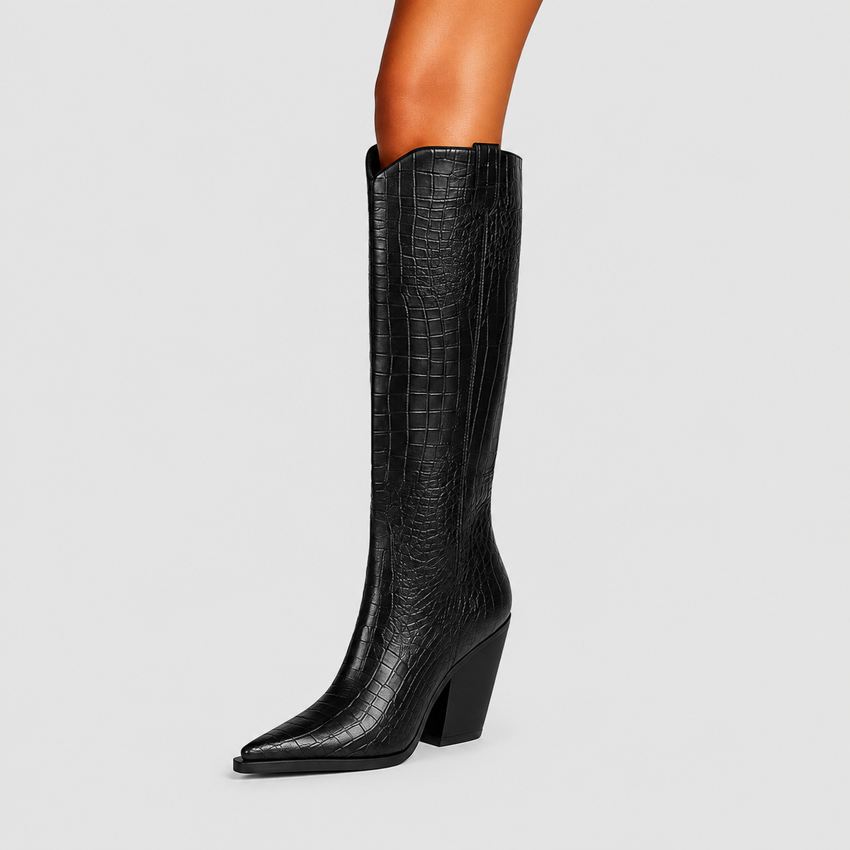 Wendy-Anne | Women’s Croc-Embossed Western Knee-High Boots — Black