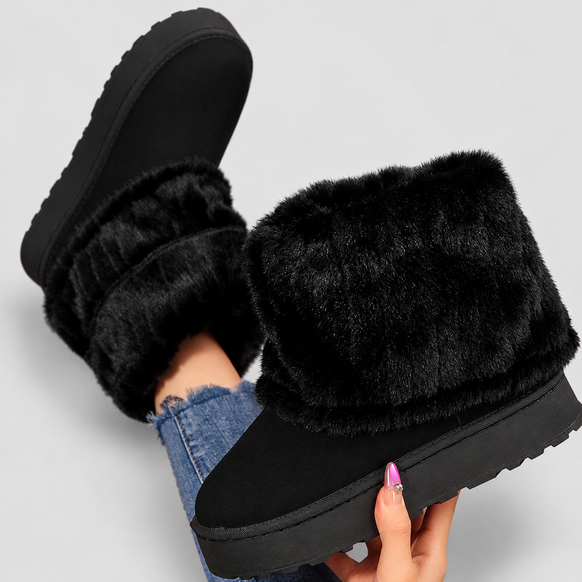 Wilona-May | Women’s Fluffy-Lined Knit-Cuff Winter Boots — Black