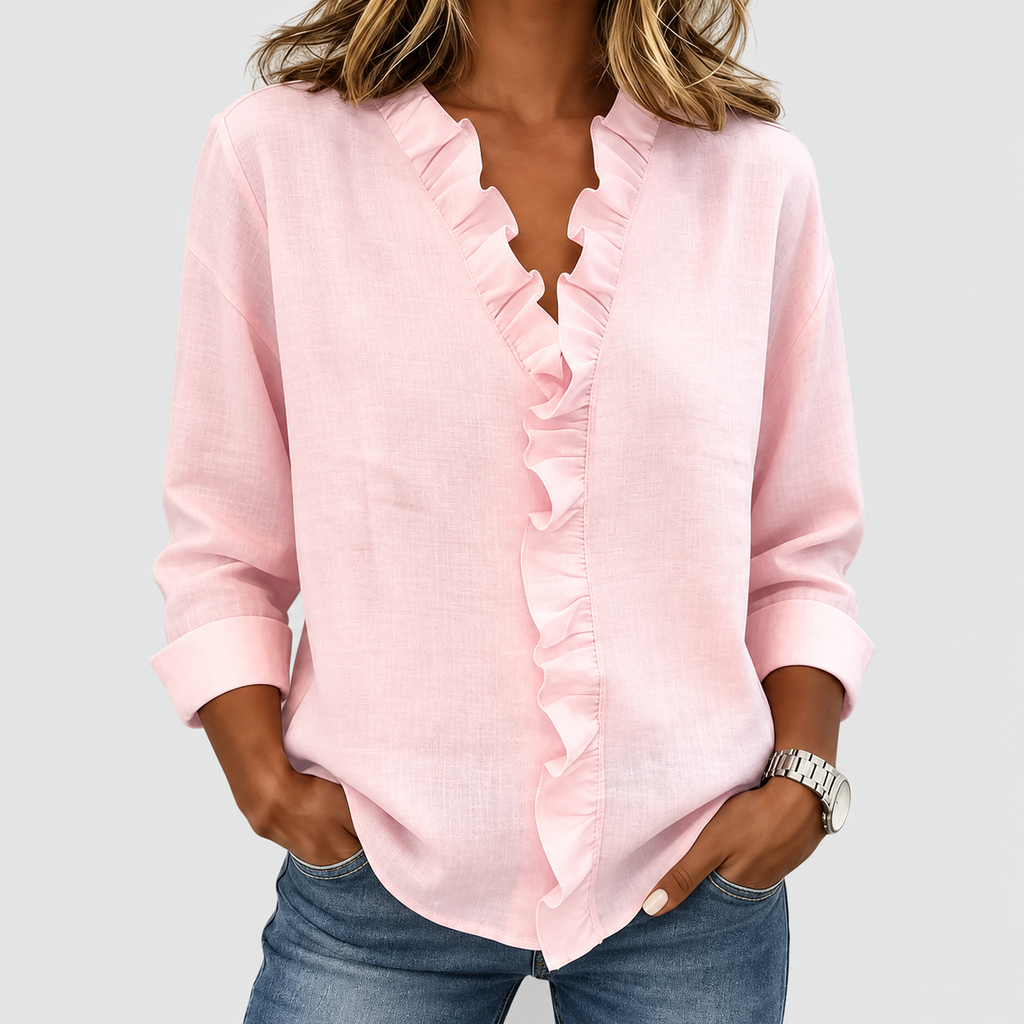 Winona | Women’s Ruffle V-Neck Long-Sleeve Blouse — Pink