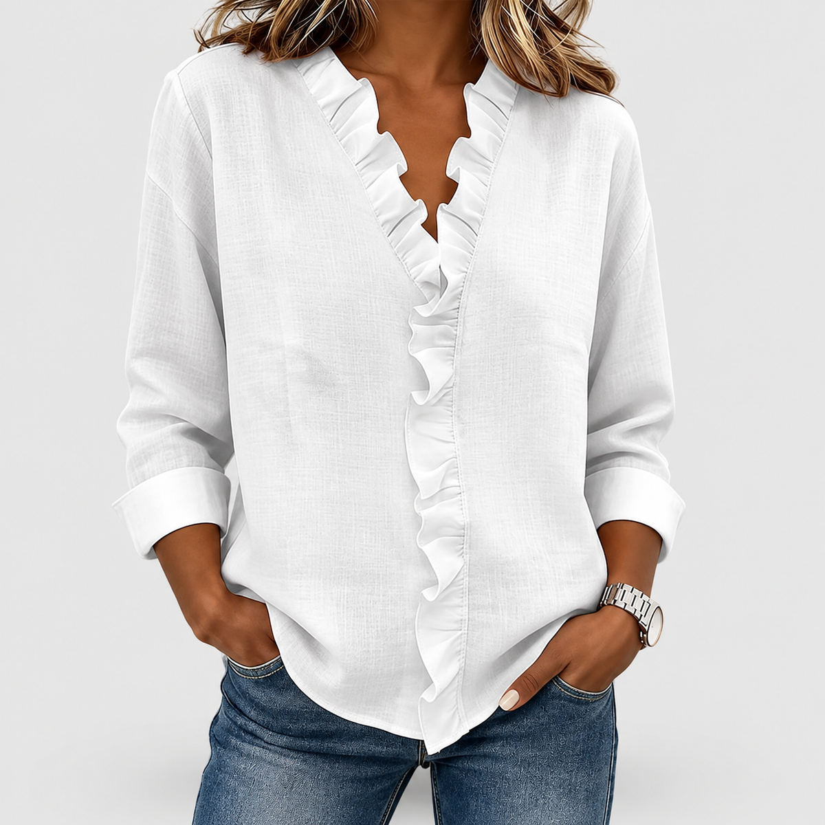 Winona | Women’s Ruffle V-Neck Long-Sleeve Blouse — White