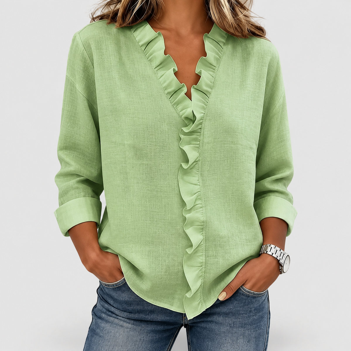 Winona | Women’s Ruffle V-Neck Long-Sleeve Blouse — Green