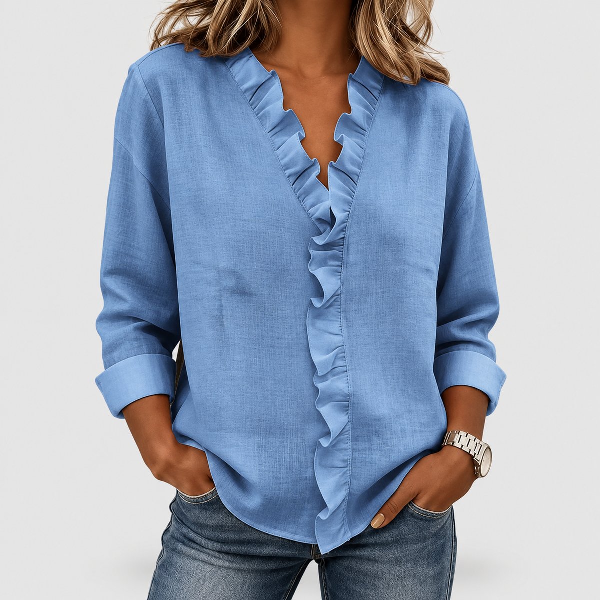 Winona | Women’s Ruffle V-Neck Long-Sleeve Blouse — Blue