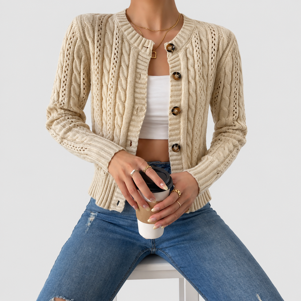 Iris | Women’s Cable-Knit Long-Sleeve Button-Front Cardigan — Beige