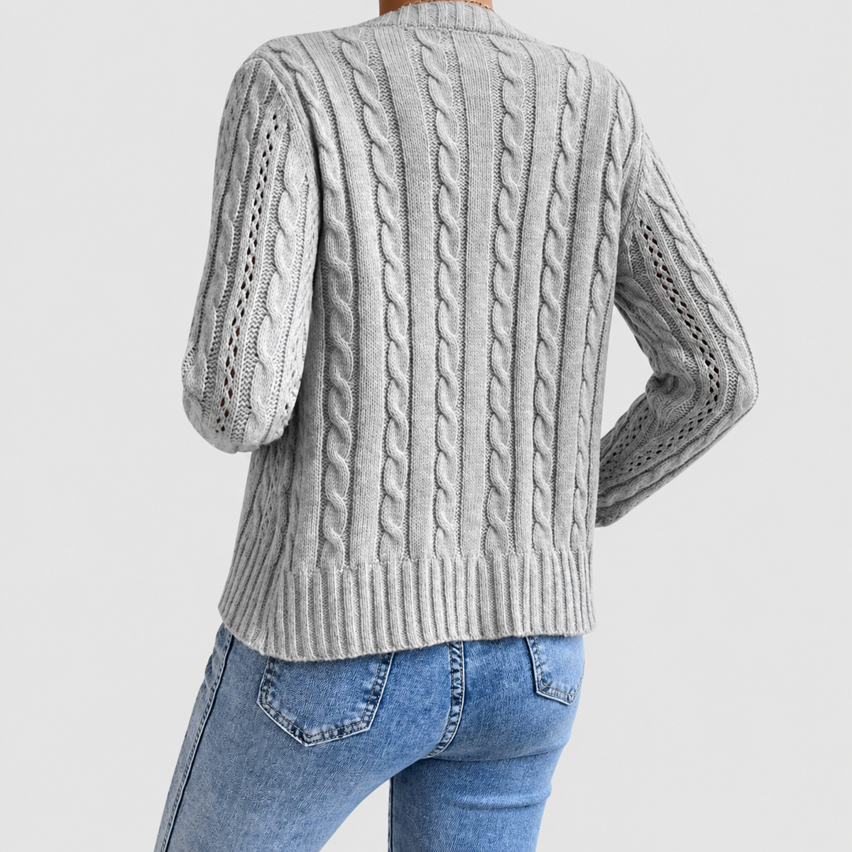 Iris | Women’s Cable-Knit Long-Sleeve Button-Front Cardigan — product detail view 3