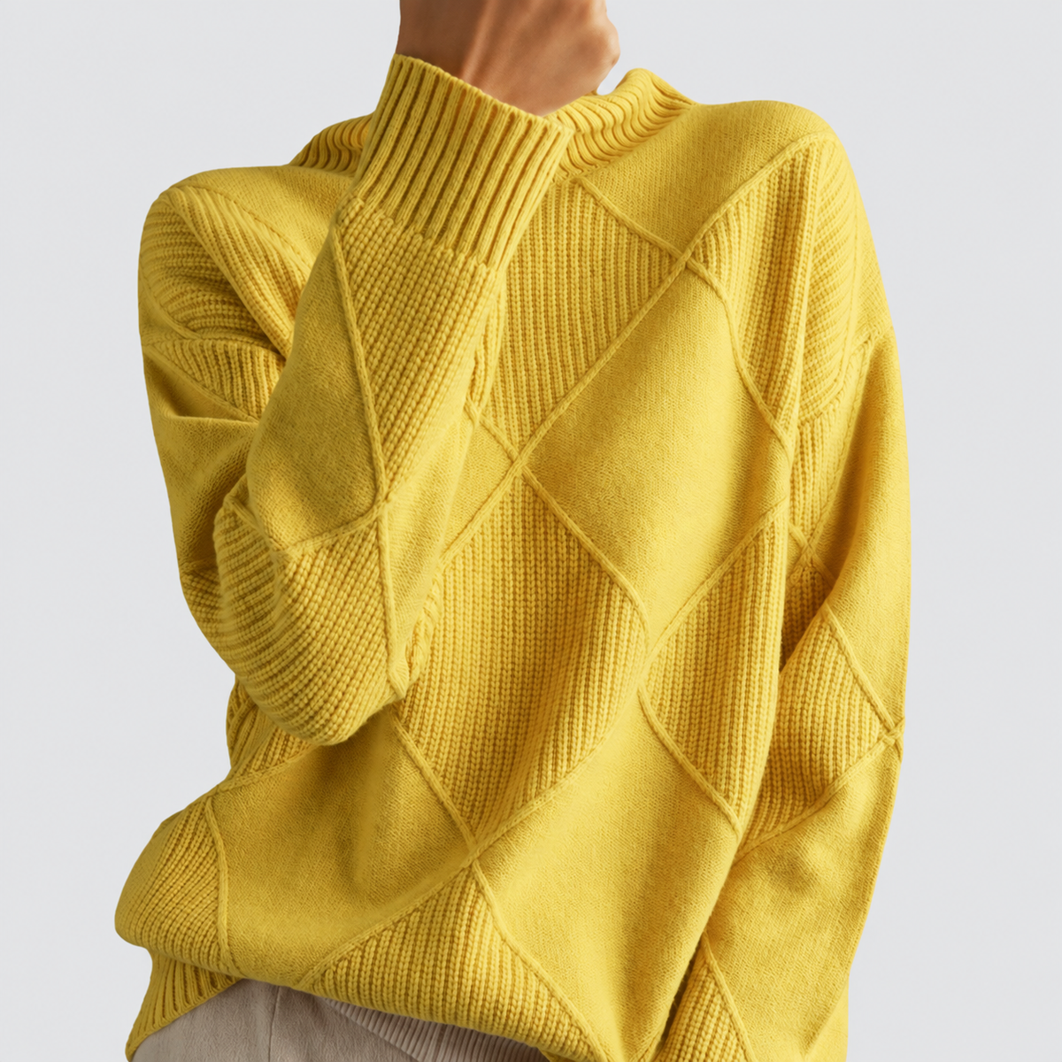 Harriet | Women’s Diamond-Knit Long-Sleeve Pullover Sweater — Yellow