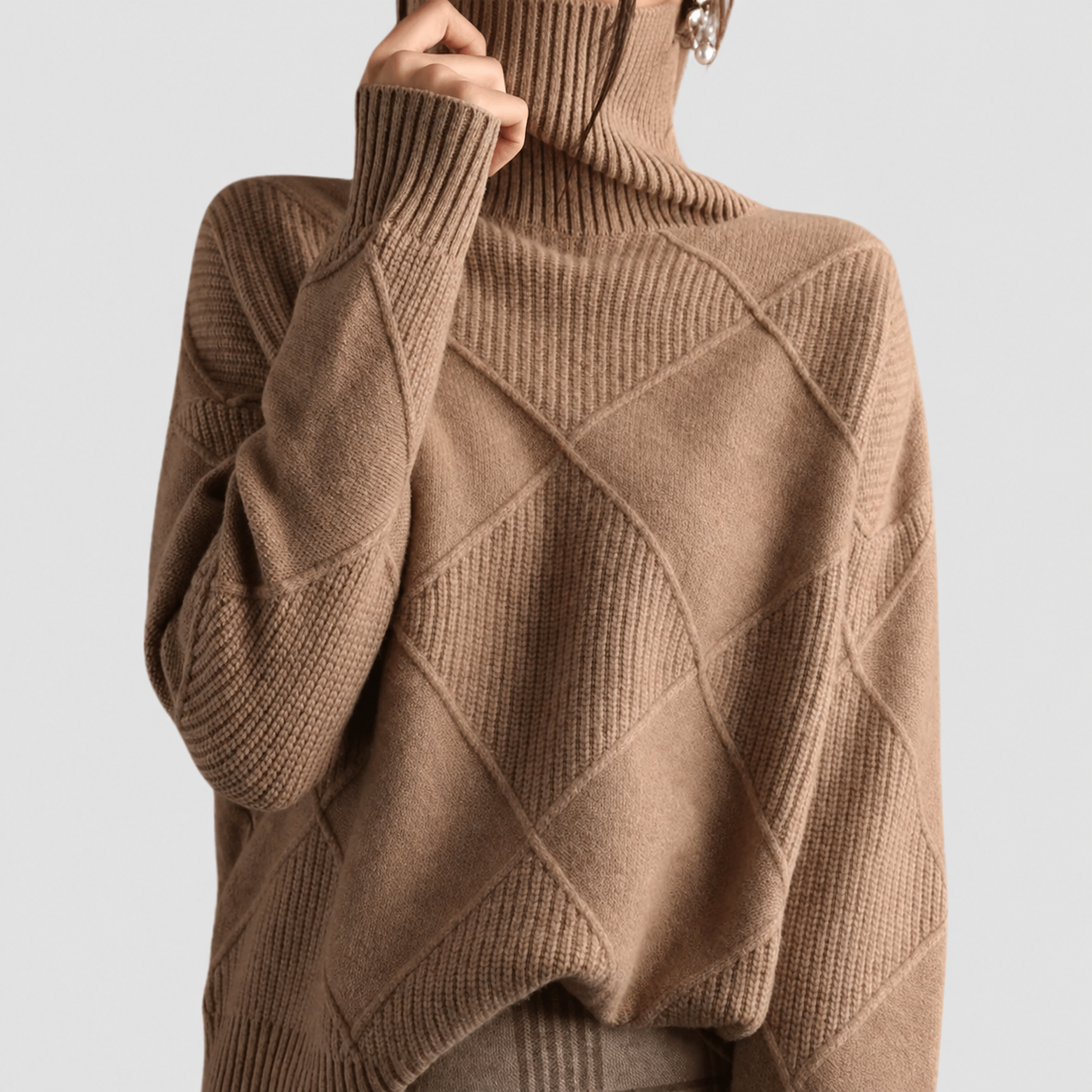 Harriet | Women’s Diamond-Knit Long-Sleeve Pullover Sweater — Brown