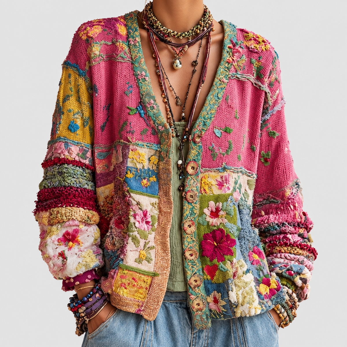 Freya | Women’s Floral Patchwork Cardigan — Pink