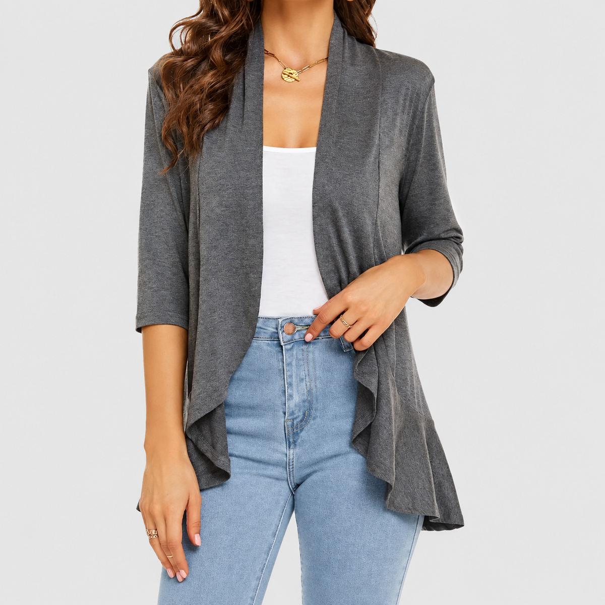 Elise | Women’s Lightweight Open-Front 3/4-Sleeve Draped Cardigan — Grey