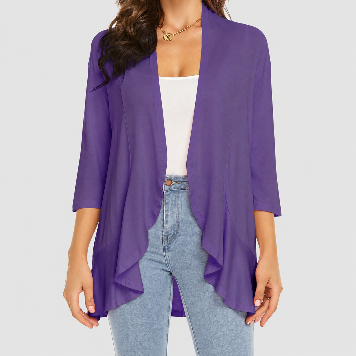 Elise | Women’s Lightweight Open-Front 3/4-Sleeve Draped Cardigan — Purple
