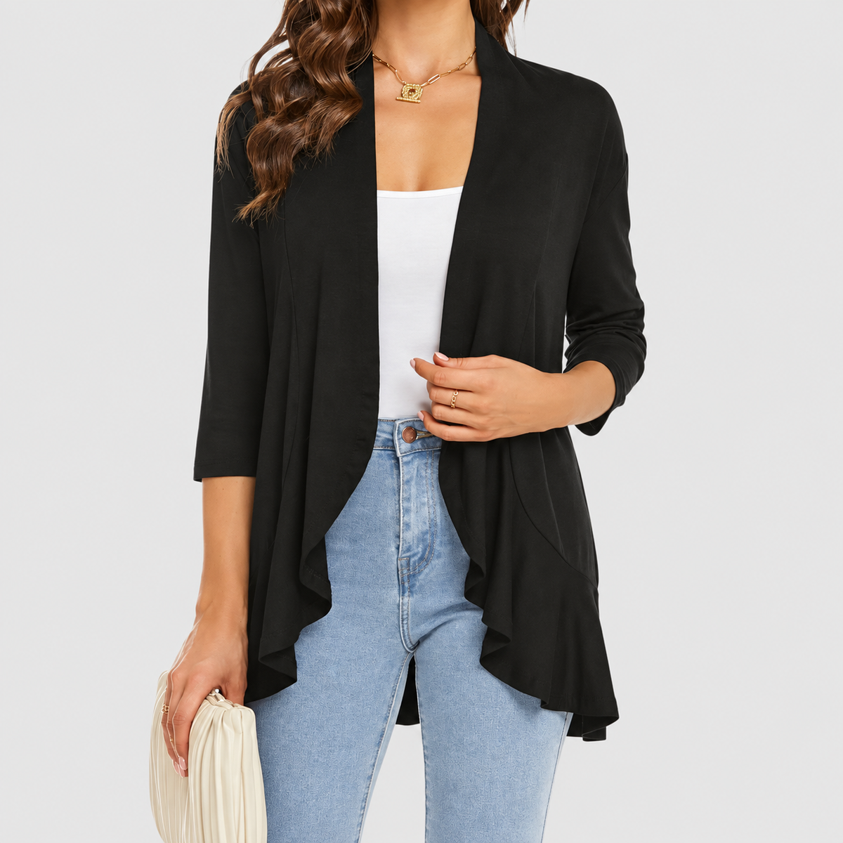 Elise | Women’s Lightweight Open-Front 3/4-Sleeve Draped Cardigan — Black