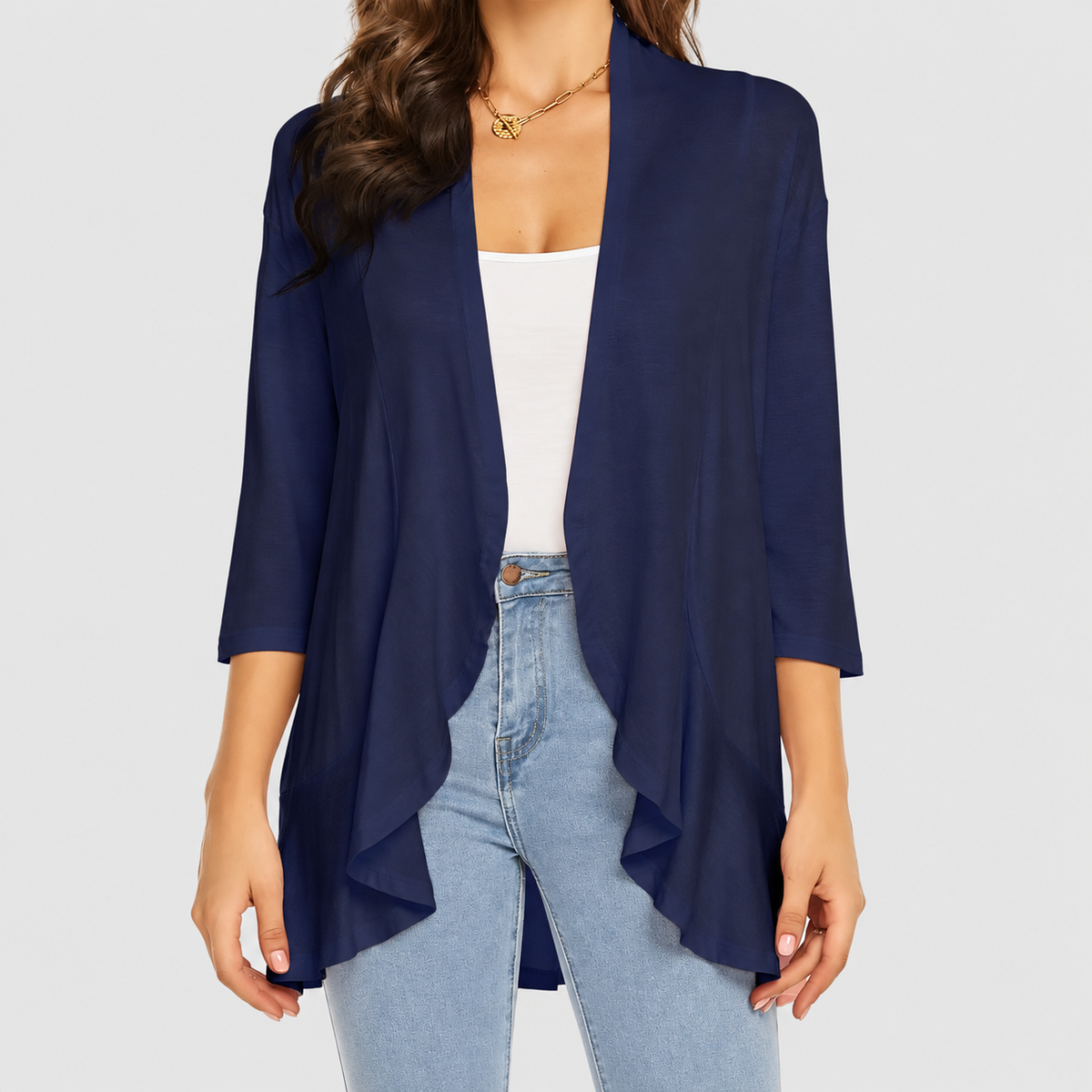 Elise | Women’s Lightweight Open-Front 3/4-Sleeve Draped Cardigan — Navy