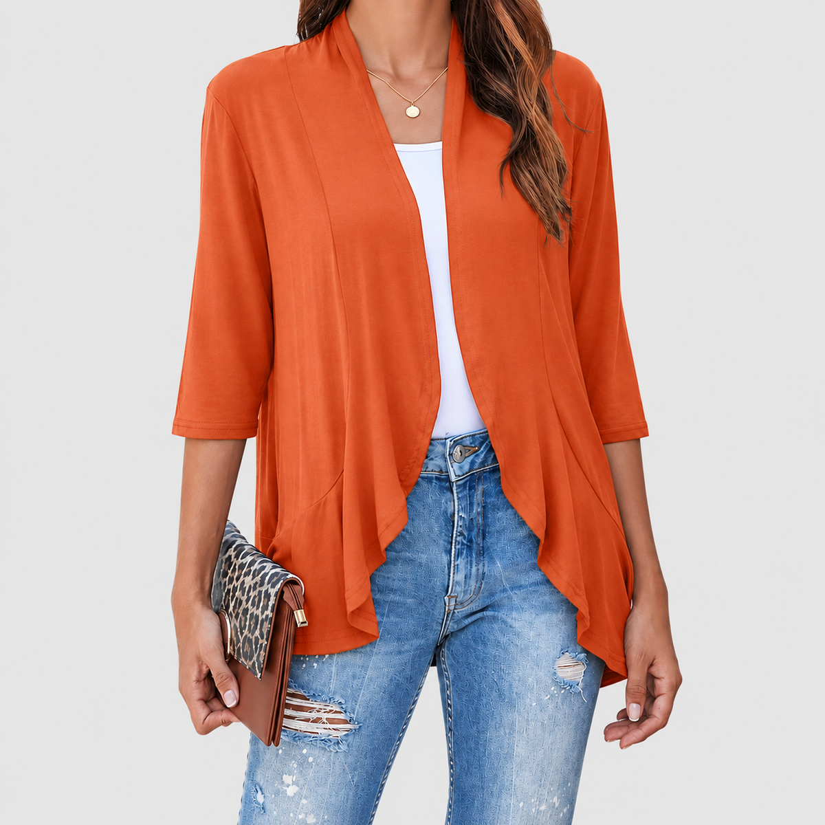 Elise | Women’s Lightweight Open-Front 3/4-Sleeve Draped Cardigan — Orange Red