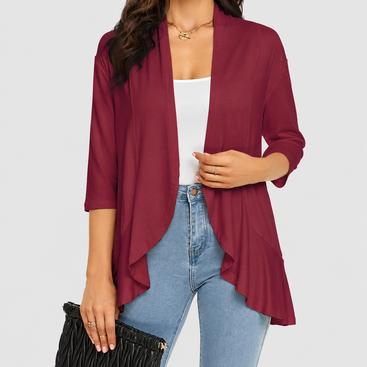 Elise | Women’s Lightweight Open-Front 3/4-Sleeve Draped Cardigan — Burgundy