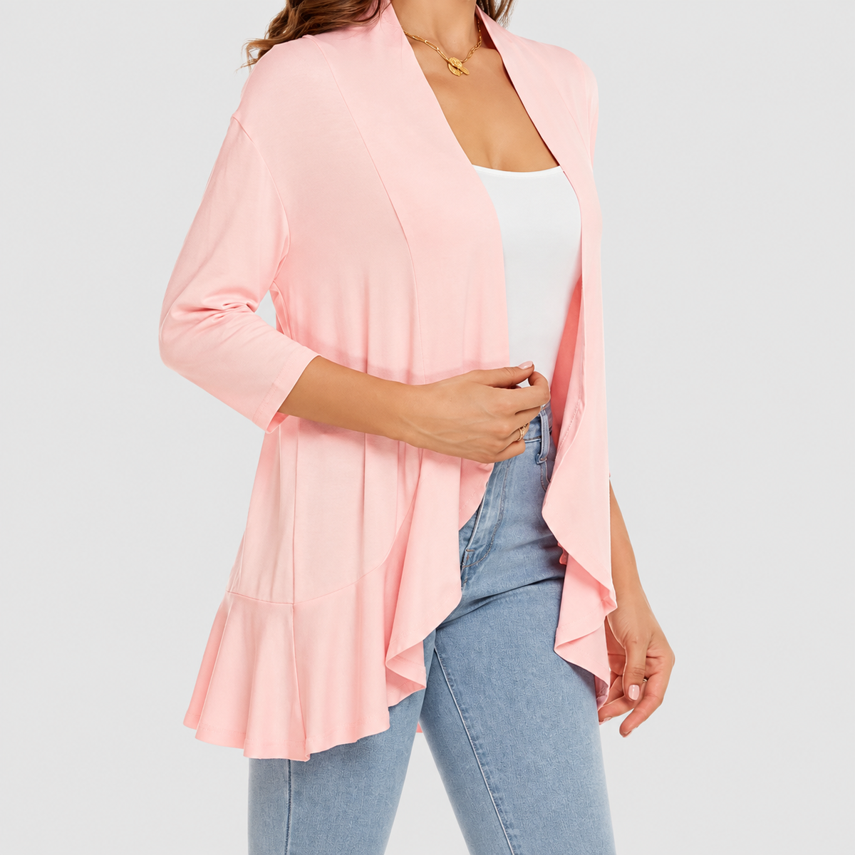 Elise | Women’s Lightweight Open-Front 3/4-Sleeve Draped Cardigan — Pink