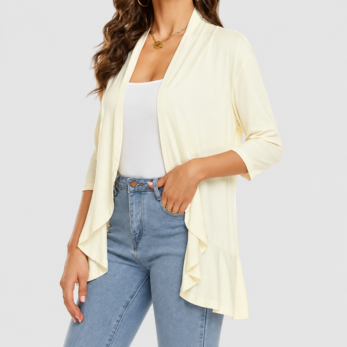Elise | Women’s Lightweight Open-Front 3/4-Sleeve Draped Cardigan — White-Beige