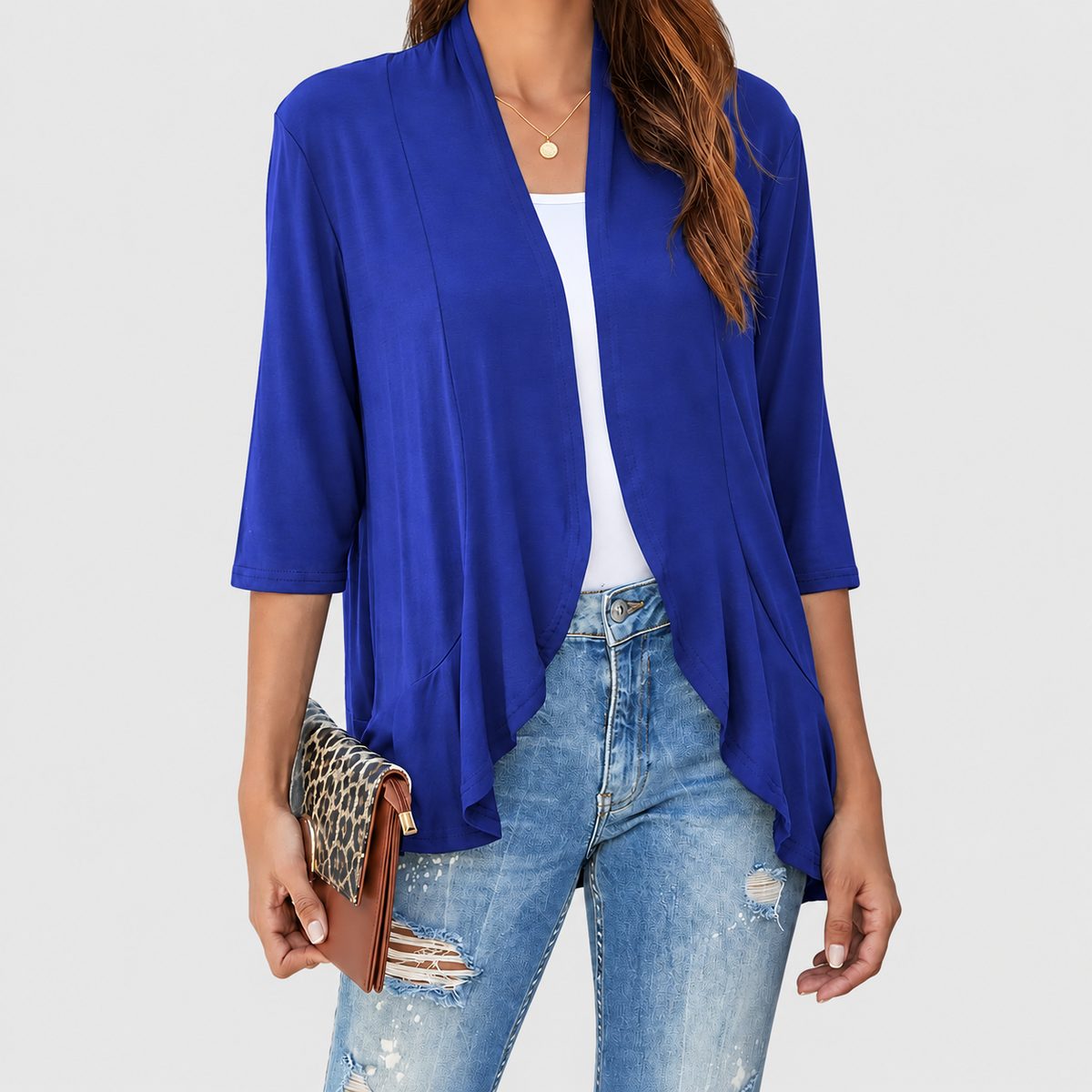 Elise | Women’s Lightweight Open-Front 3/4-Sleeve Draped Cardigan — Blue