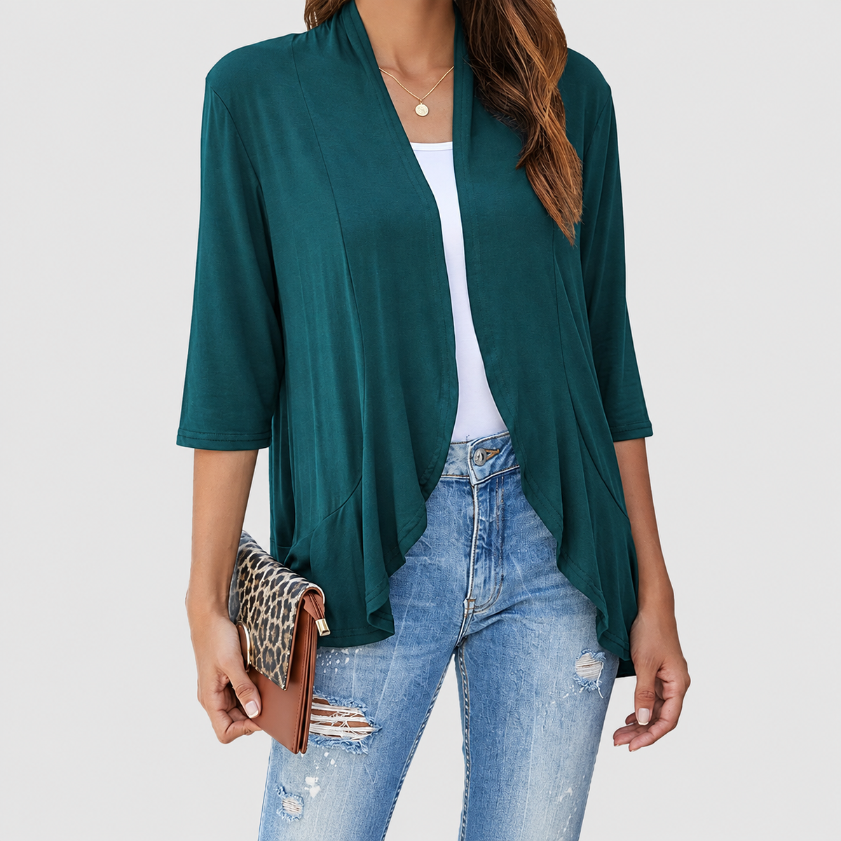 Elise | Women’s Lightweight Open-Front 3/4-Sleeve Draped Cardigan — Green