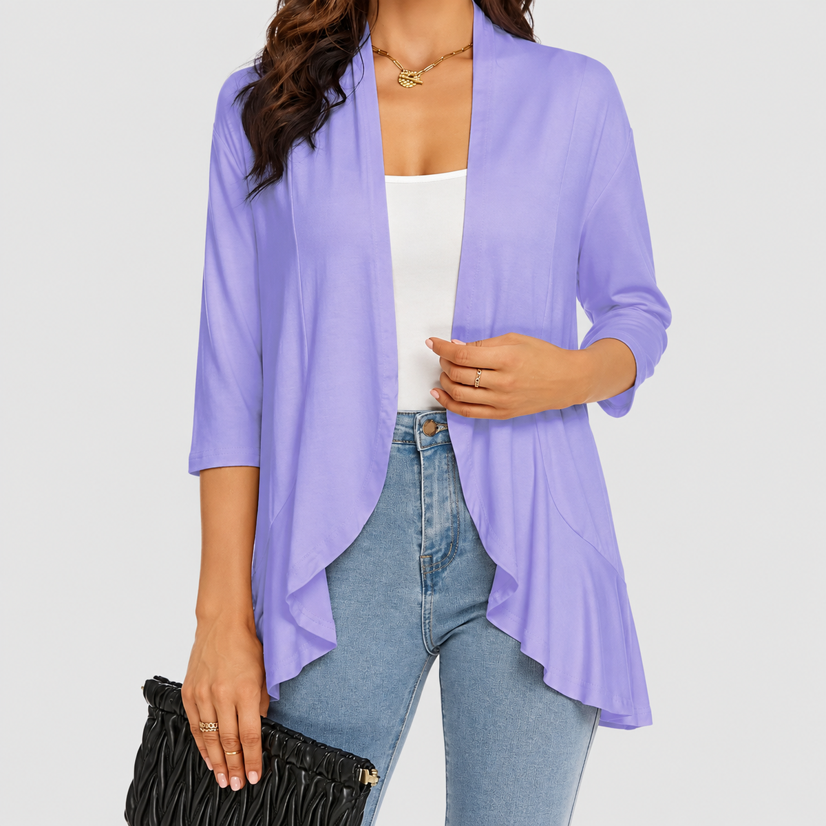 Elise | Women’s Lightweight Open-Front 3/4-Sleeve Draped Cardigan — Light Purple
