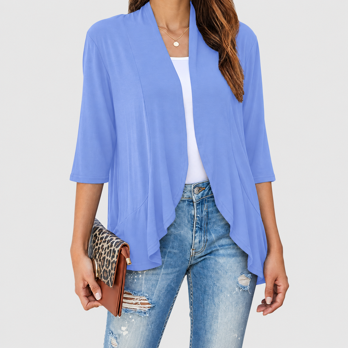 Elise | Women’s Lightweight Open-Front 3/4-Sleeve Draped Cardigan — Light Blue