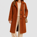 Camille | Women’s Long Button-Up Teddy Coat — Dark Brown