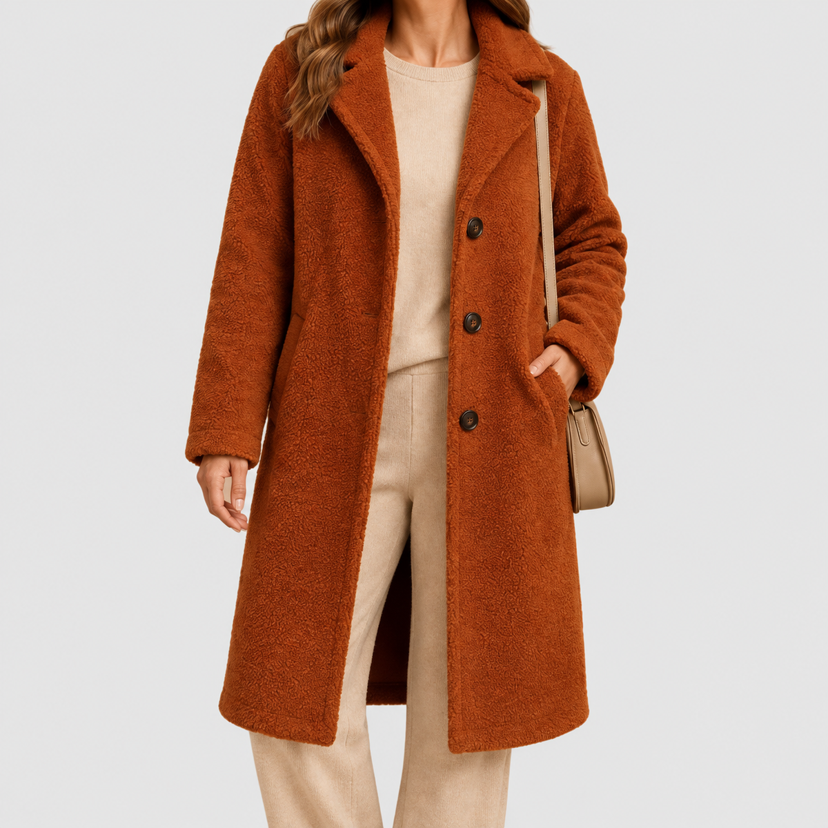 Camille | Women’s Long Button-Up Teddy Coat — Dark Brown