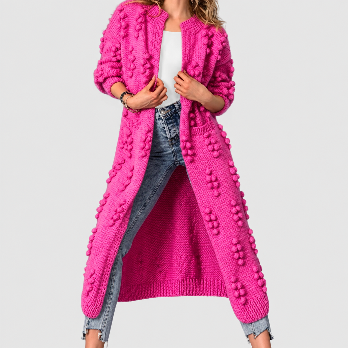 Delilah | Women’s Long Pom-Detail Open-Front Knit Cardigan — Pink