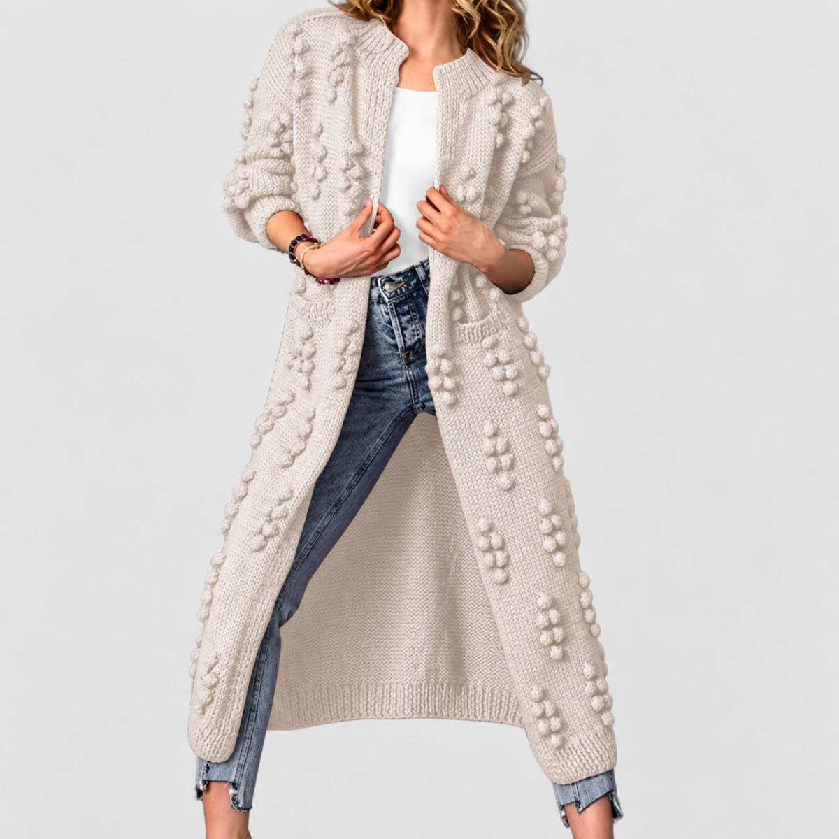 Delilah | Women’s Long Pom-Detail Open-Front Knit Cardigan — Beige