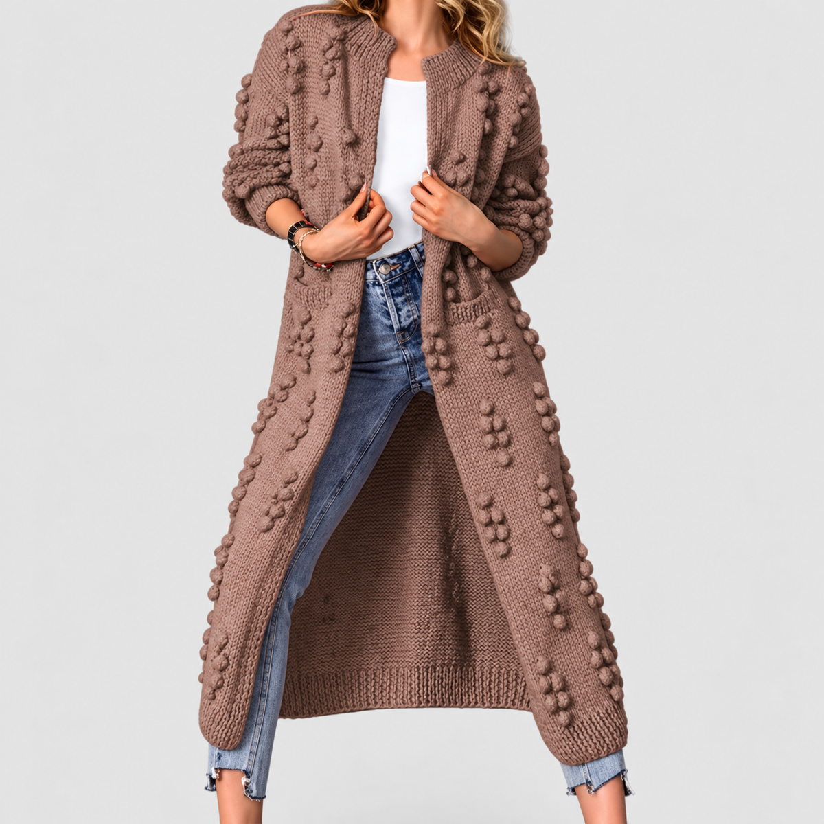 Delilah | Women’s Long Pom-Detail Open-Front Knit Cardigan — Brown
