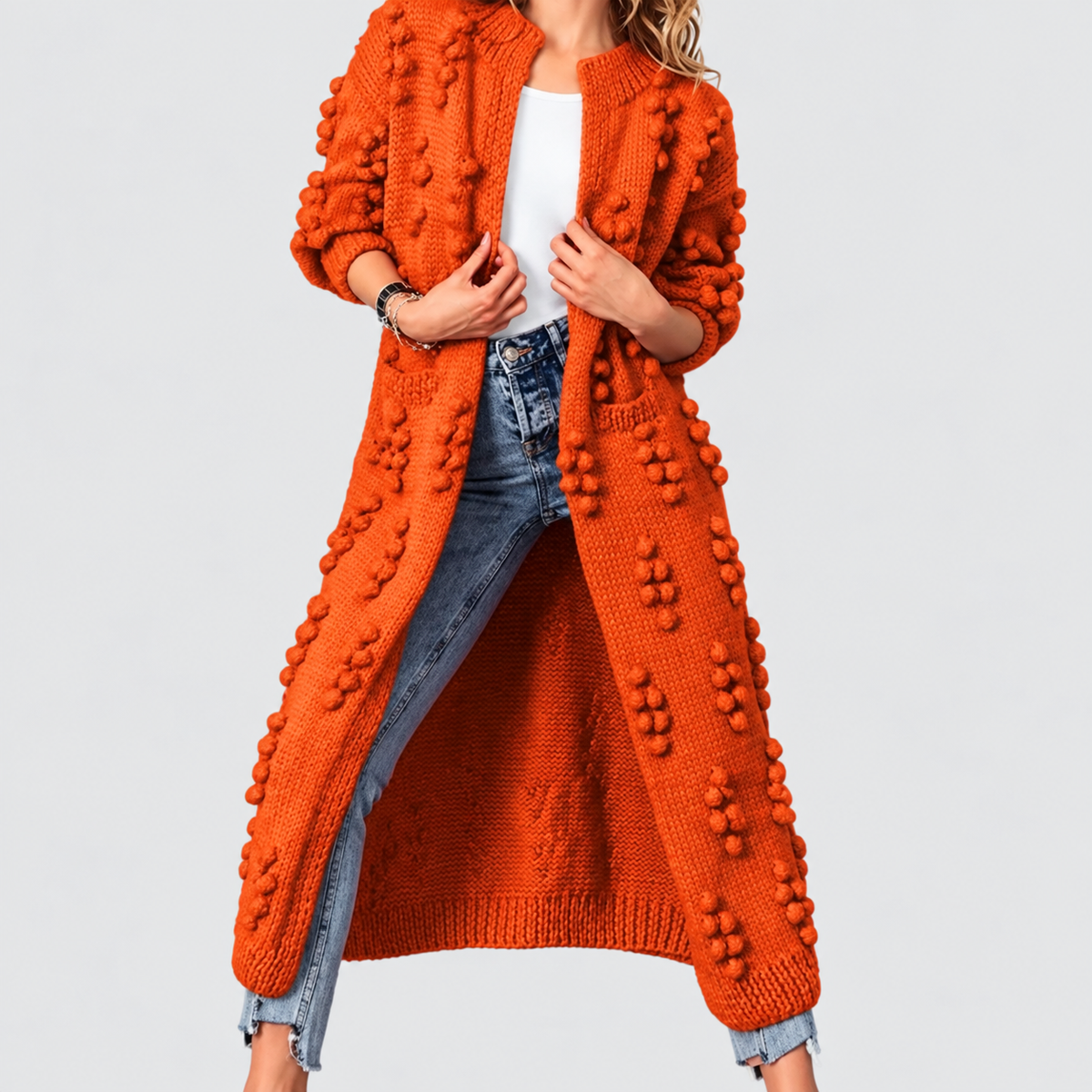 Delilah | Women’s Long Pom-Detail Open-Front Knit Cardigan — Orange