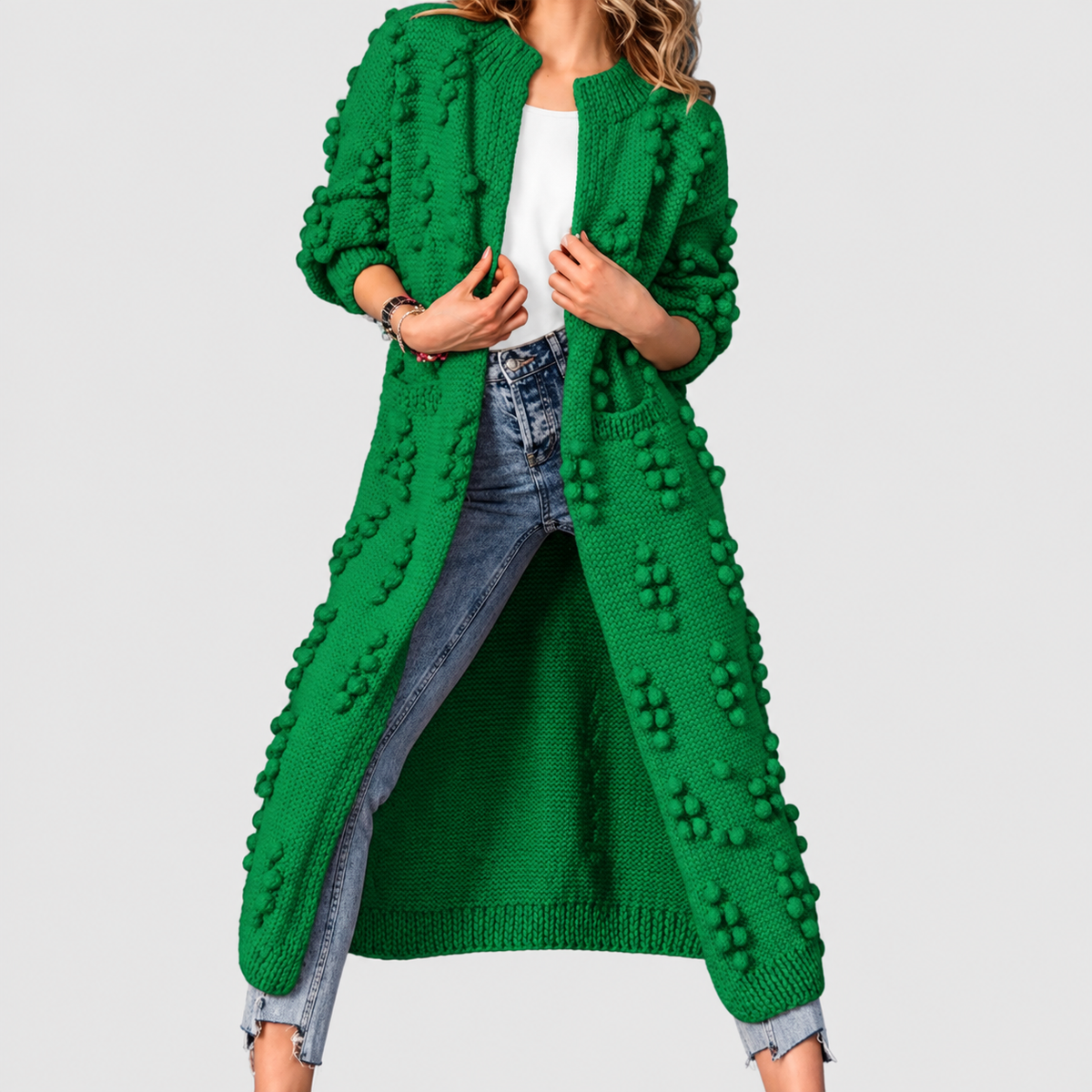 Delilah | Women’s Long Pom-Detail Open-Front Knit Cardigan — Green
