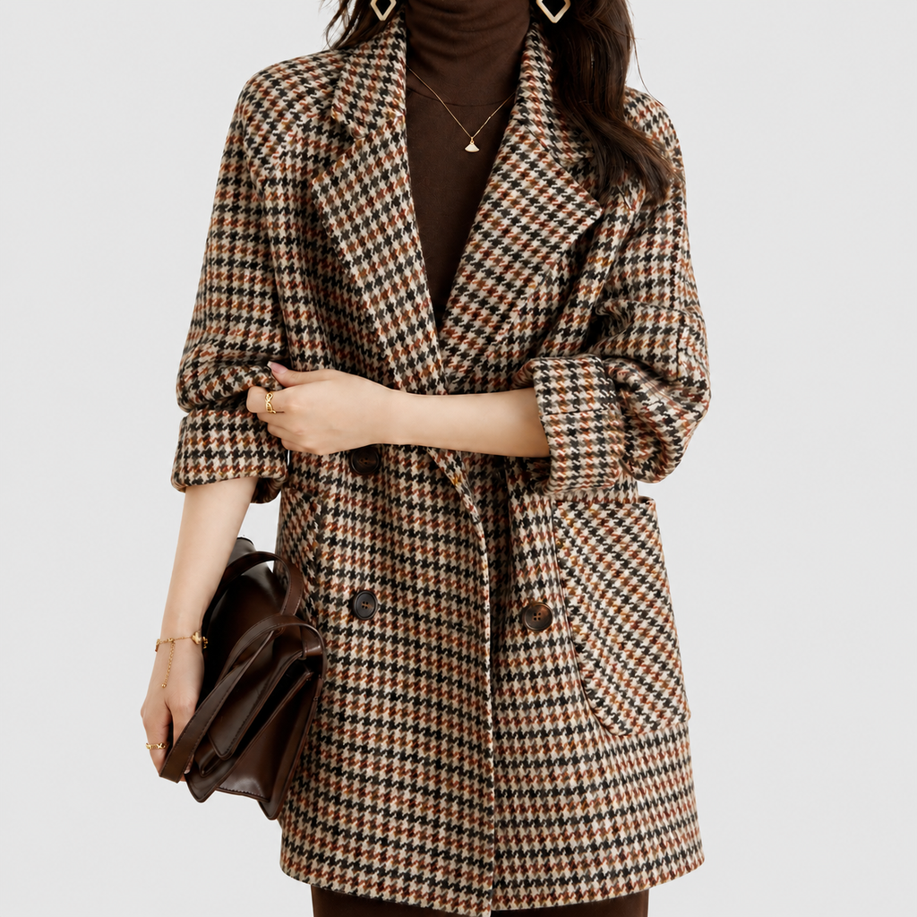 Keira | Women’s Double-Breasted Houndstooth Pea Coat — Brown