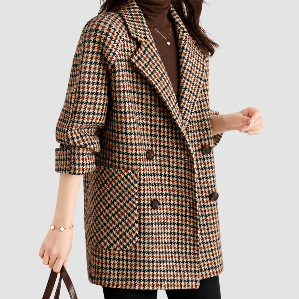 Keira | Women’s Double-Breasted Houndstooth Pea Coat — product detail view 4
