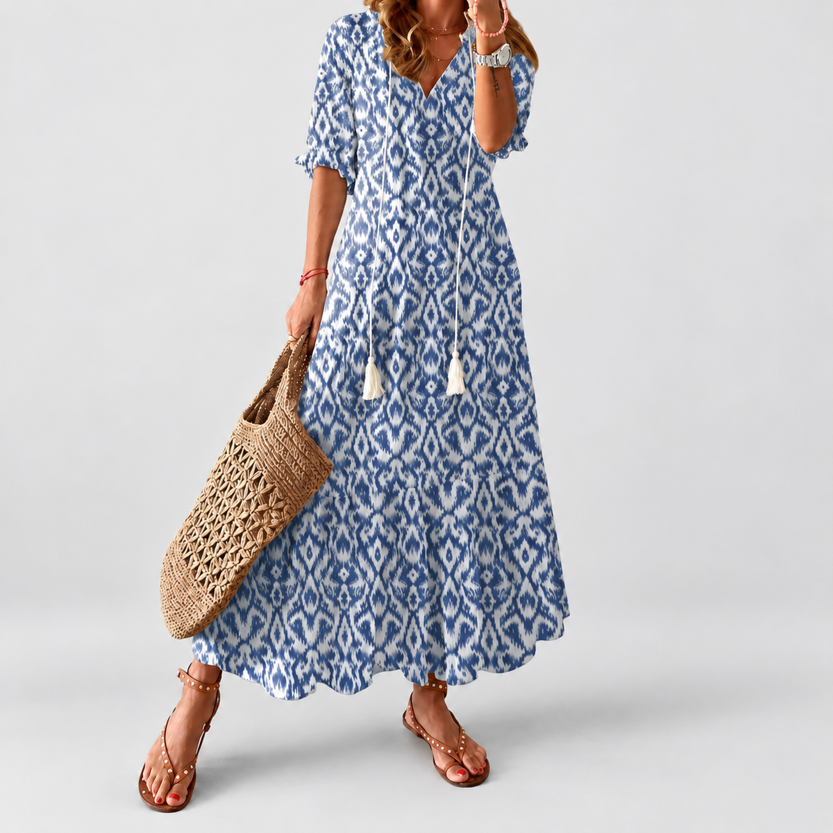 Xanthe | Women’s Relaxed Boho Print Midi Dress — Blue