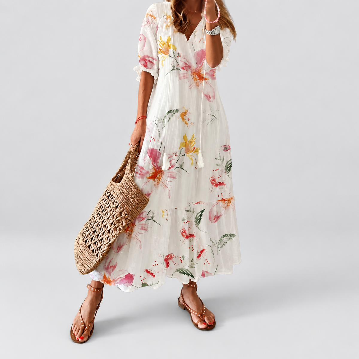 Xanthe | Women’s Relaxed Boho Print Midi Dress — White 1