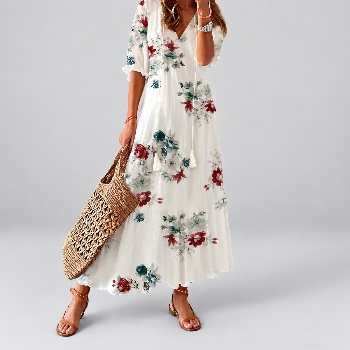 Xanthe | Women’s Relaxed Boho Print Midi Dress — White 2