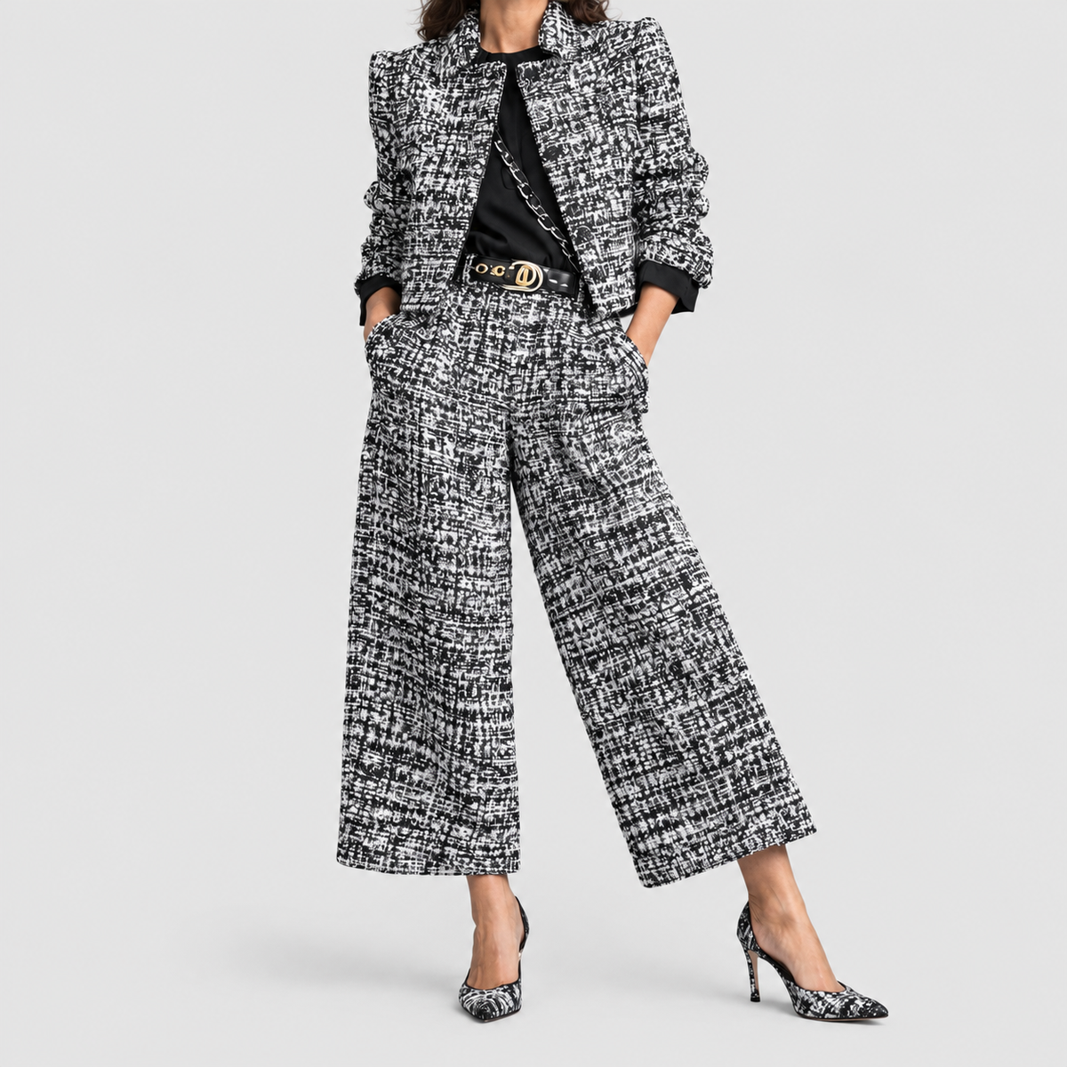 Ysella | Women’s Cropped Jacket and Wide-Leg Pants Set — Black