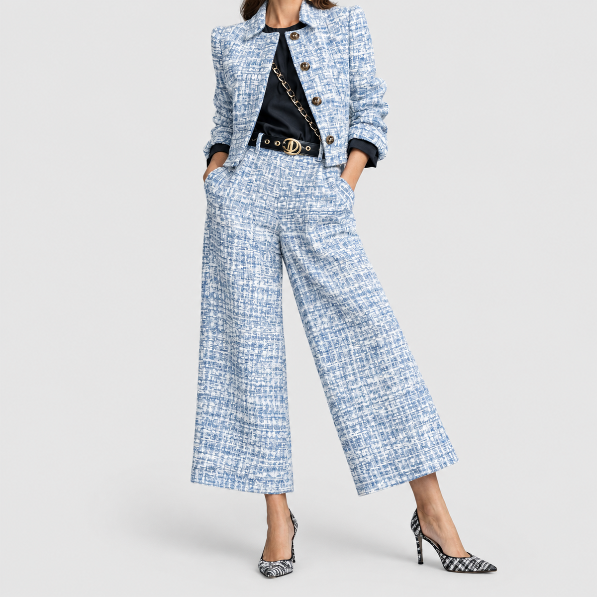 Ysella | Women’s Cropped Jacket and Wide-Leg Pants Set — Blue