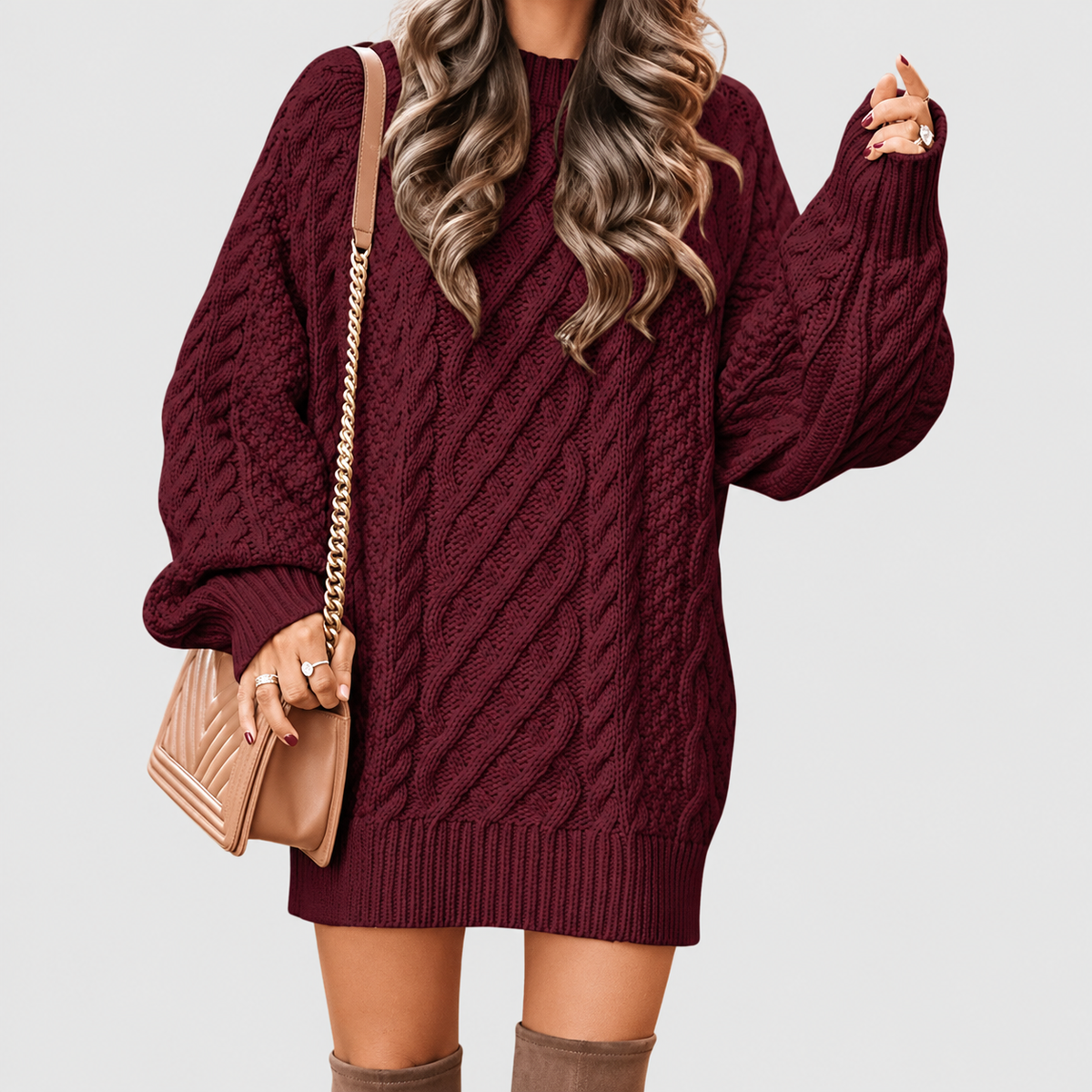 Yvaine | Women’s Oversized Cable-Knit Sweater Dress — Burgundy