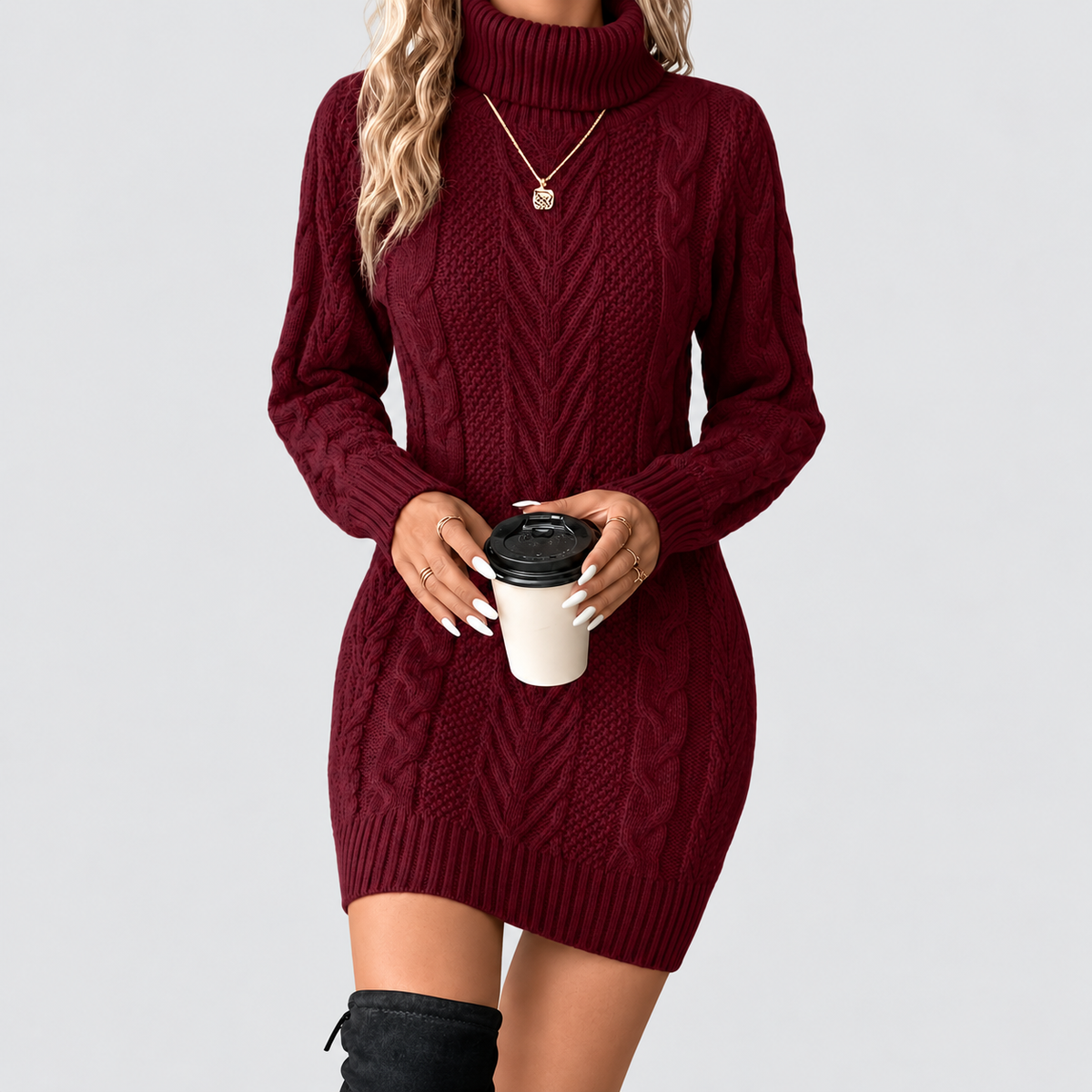 Yvette | Women’s Chunky Cable-Knit Turtleneck Sweater Dress — Burgundy