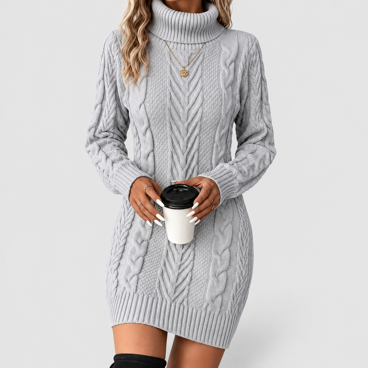 Yvette | Women’s Chunky Cable-Knit Turtleneck Sweater Dress — Light Gray