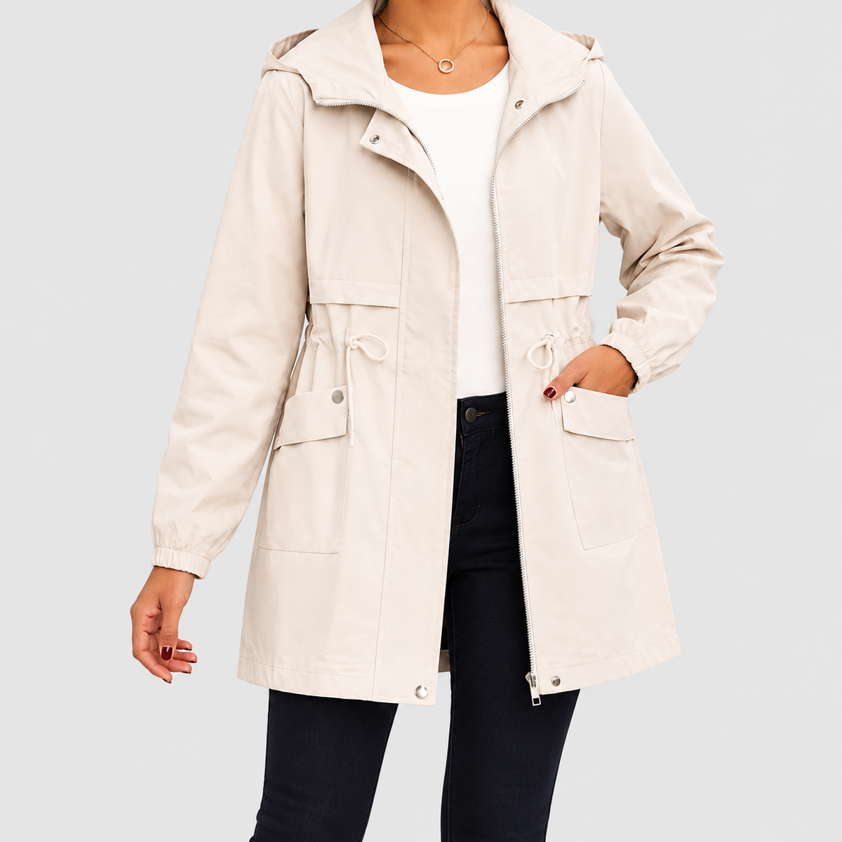 Yvonne | Women’s Hooded Trench Coat with Drawstring Waist — Apricot