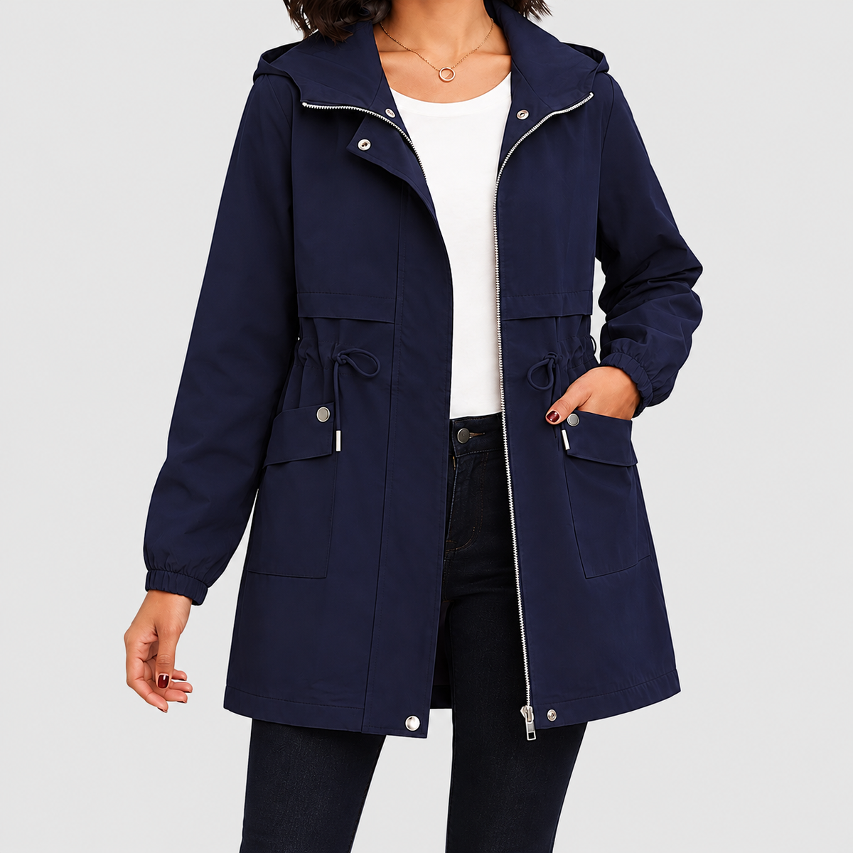 Yvonne | Women’s Hooded Trench Coat with Drawstring Waist — Navy Blue