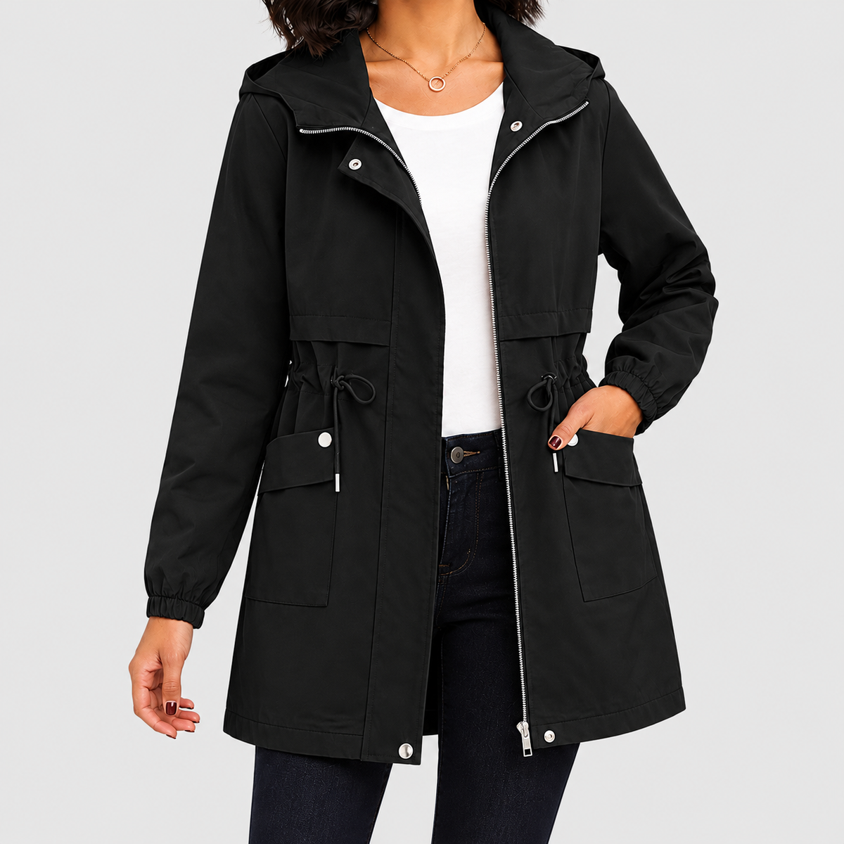 Yvonne | Women’s Hooded Trench Coat with Drawstring Waist — Black